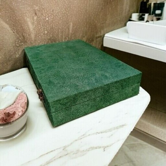 Green Jewelry Box Velvet w/Anti-Tarnish Lining & Latch 11.4x7.3x2" Travel Gift - Picture 5 of 10